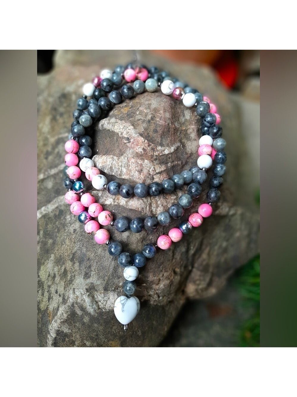 Artisan Hand Crafted Larvikite, Pink and White Howlite & Rainbow Hematite Mala